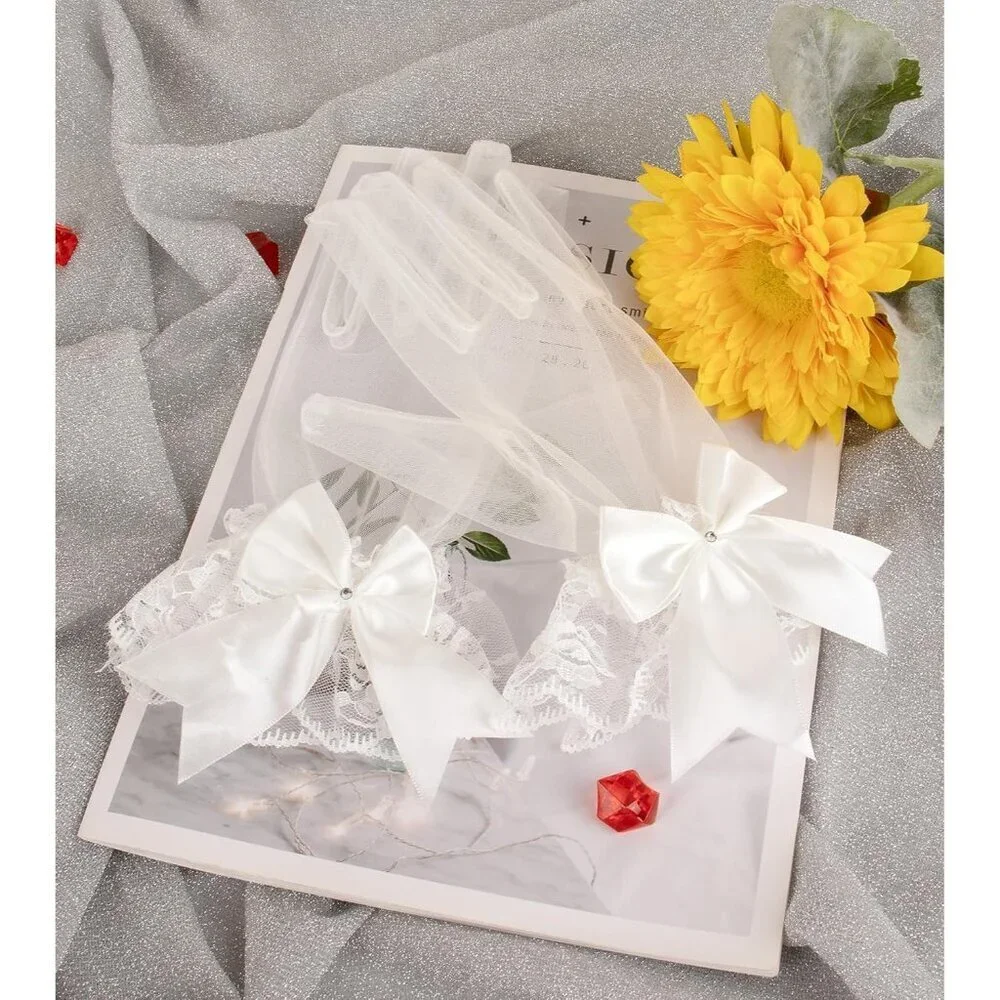 Women's White Lace Short Wedding Ruffled Tulle Mitten Imported Polyester Gloves